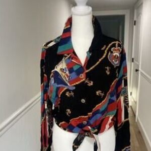Carole Little Black Button-Down Shirt with Red, Blue, Green & Gold Accents